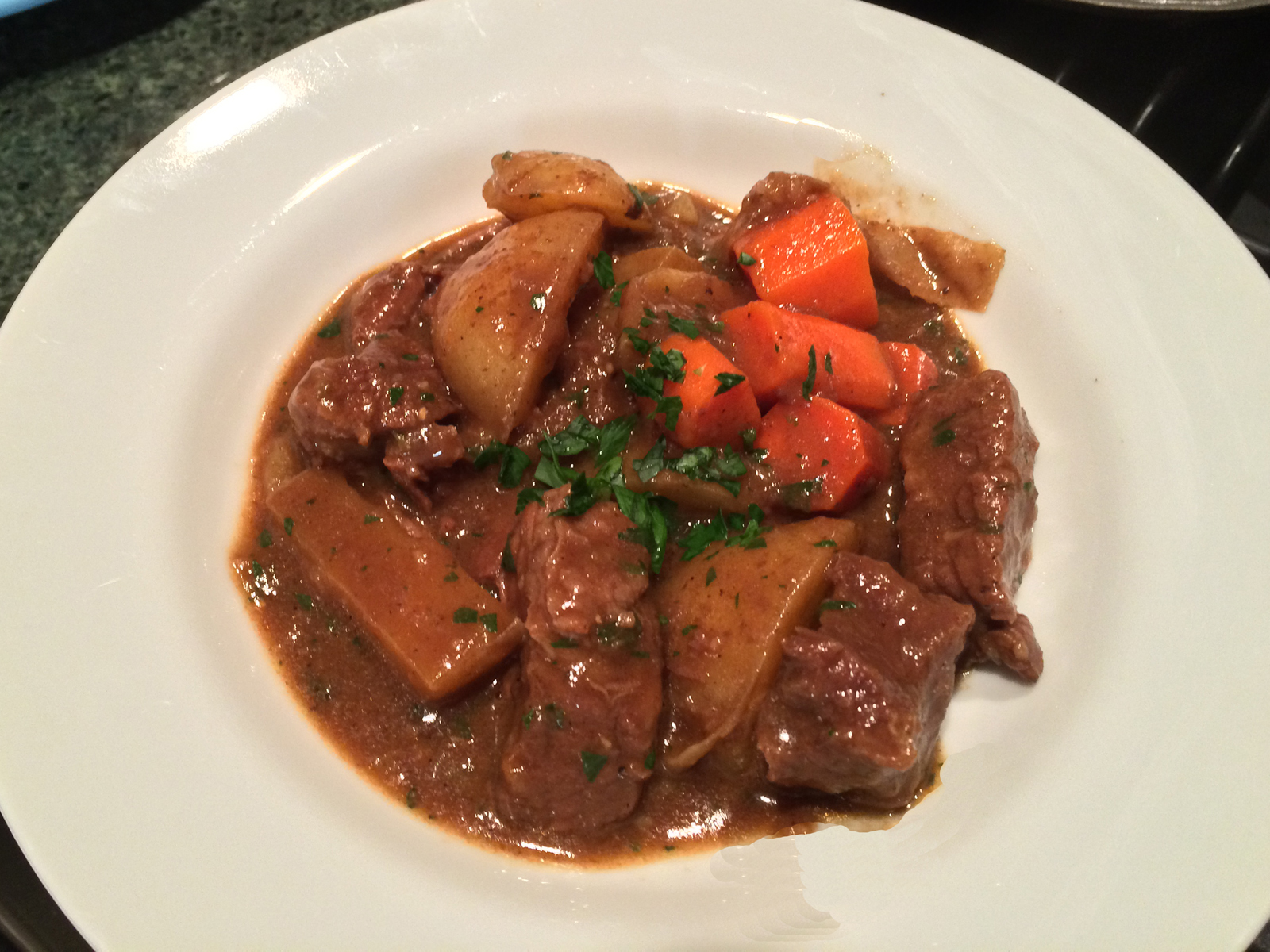 Guinness Beef Stew This stew is simply wonderful. The beer flavor is mild allowing the beef to shine. The carrots and onion add sweetness. The potatoes ground it so to speak. If you have an afternoon to devote to making this your efforts will be awesomely rewarded.